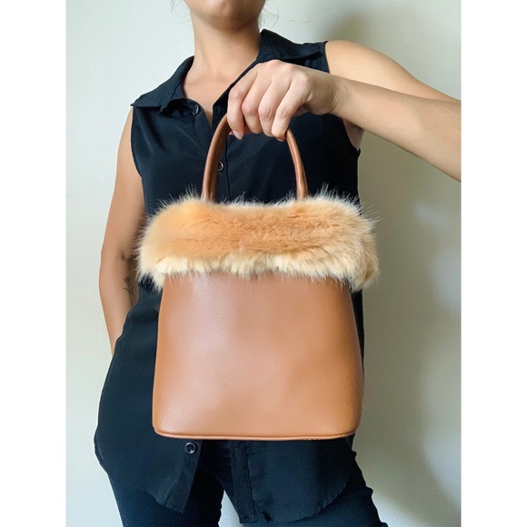 Vegan Leather/ Faux Fur Top Handle Handbag - Cognac Brown - Picture 3 of 6